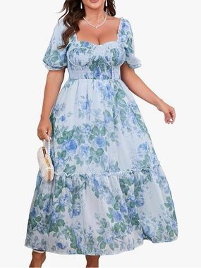 Eywol Whimsical Floral Sweetheart Smocked Midi Dress - Light Blue NWT XL